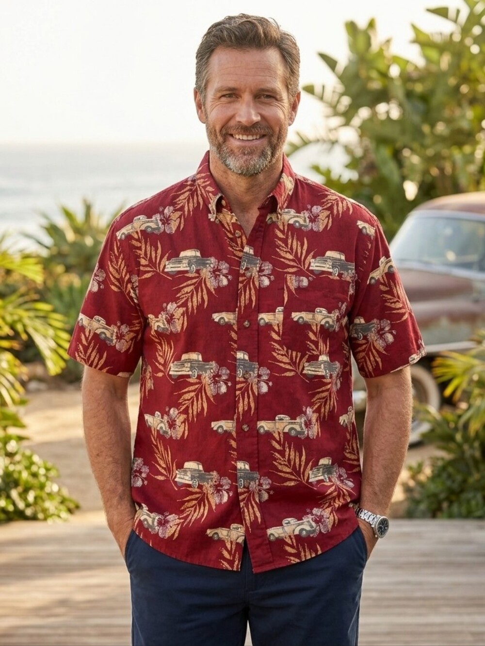 Puritan Vintage Men's Size XL Dark Red Hawaiian Antique Truck Button Down Shirt